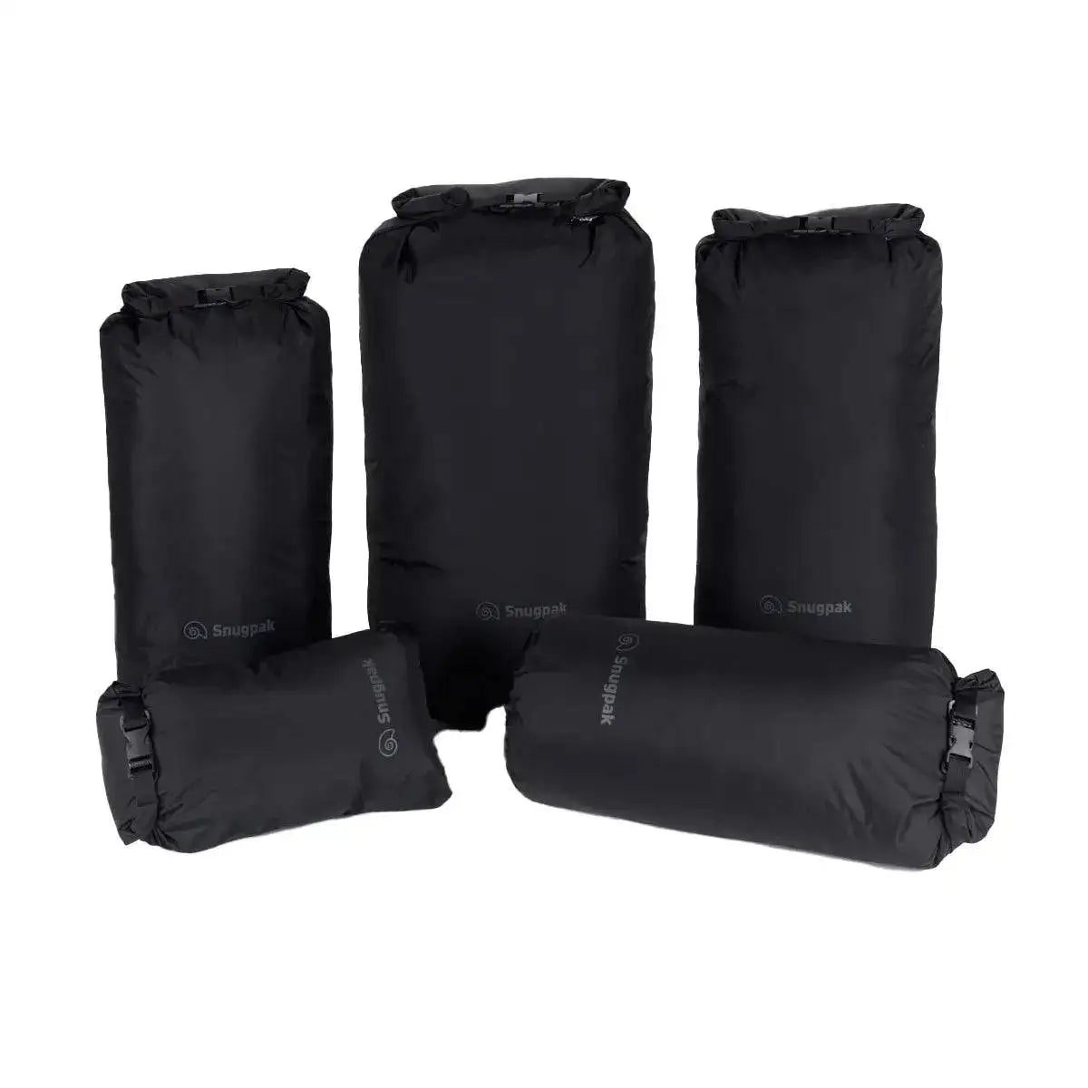Set of five Snugpak Dri-Sak Waterproof Dry Bags in black, designed for outdoor adventures to keep gear dry and protected.  from  John Bull Clothing 