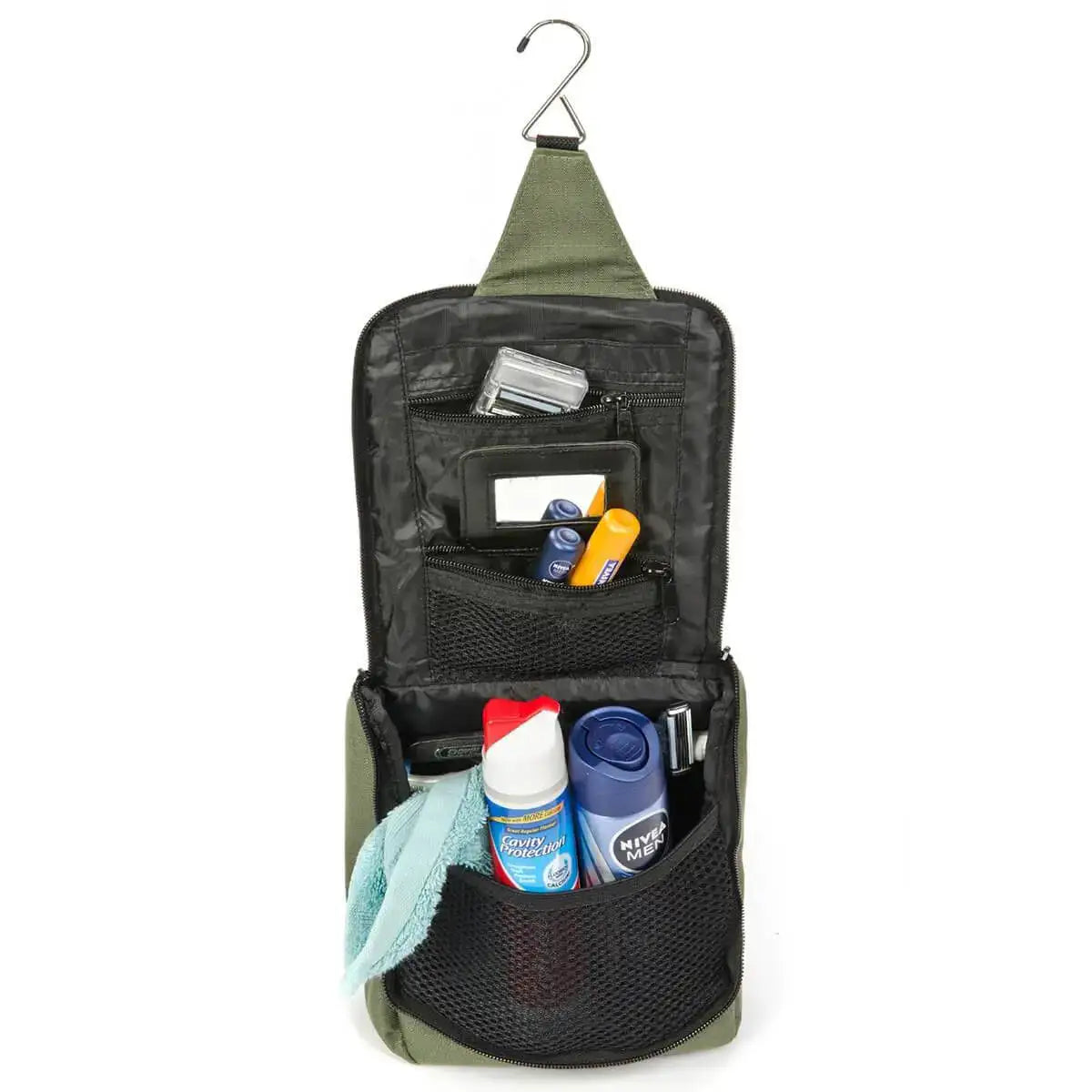 Open Snugpak Essential Travel Wash Bag with multiple compartments and a hanging hook, neatly organizing toiletries for travel convenience.  from  John Bull Clothing 