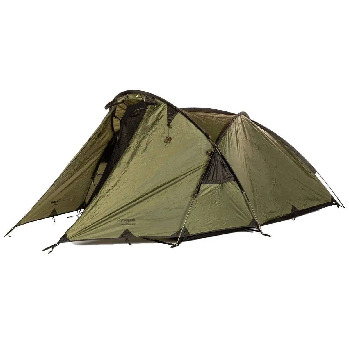 Snugpak Scorpion 3 IX Hiking Tent in Olive fully assembled, featuring a sturdy design with an extended vestibule for extra storage space.