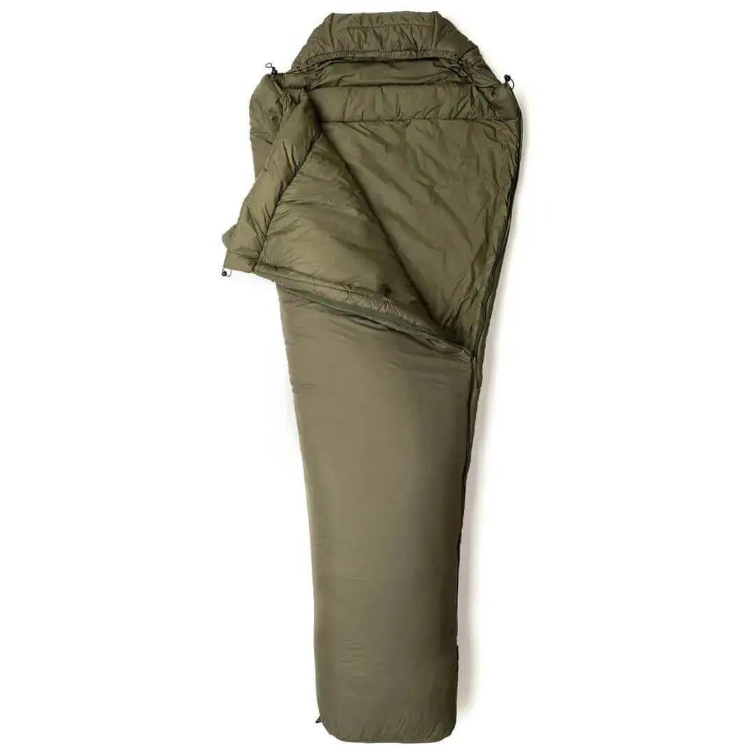 Olive green Snugpak Softie 10 Harrier Sleeping Bag with hood and side zip, ideal for hiking and camping in harsh conditions. Green from  John Bull Clothing 