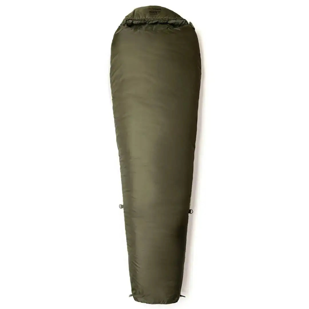 Fully zipped Snugpak Softie Elite 3 Sleeping Bag Olive Green with tapered footbox, designed for cold weather hiking and camping use.  from  John Bull Clothing 