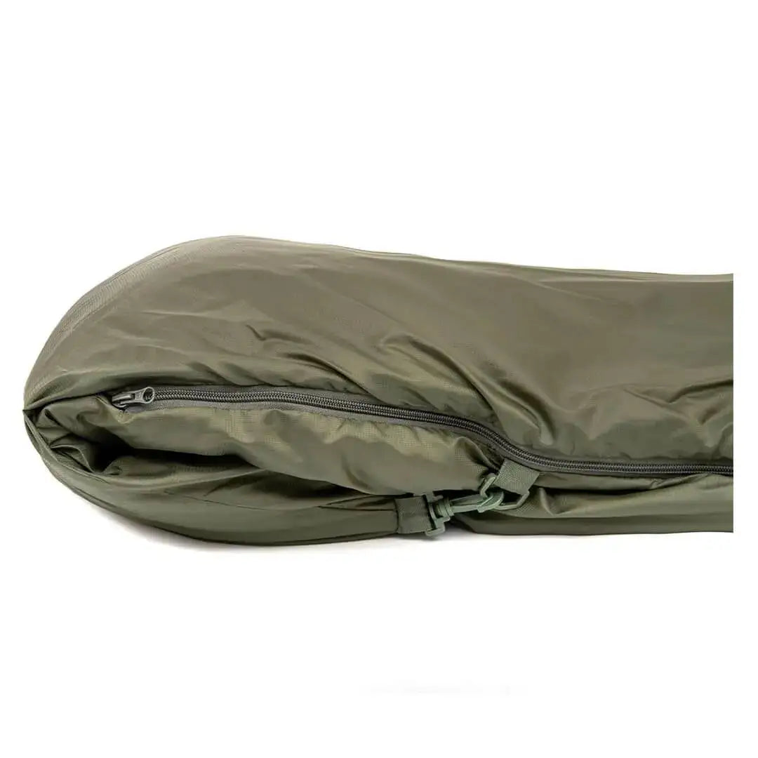 Close-up of Snugpak Softie Elite 3 Sleeping Bag Olive Green zipper and durable Paratex fabric, showcasing its compact and weather-resistant design.  from  John Bull Clothing 