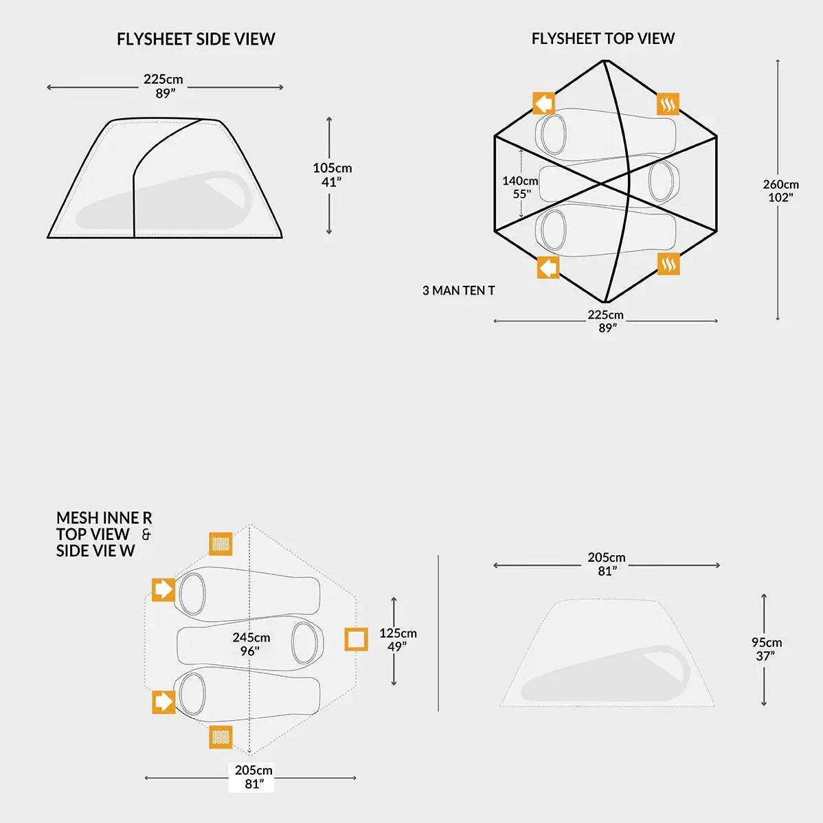 Technical diagram of the Snugpak The Bunker IX Expedition Tent, displaying dimensions, layout, and sleeping capacity for three people.
