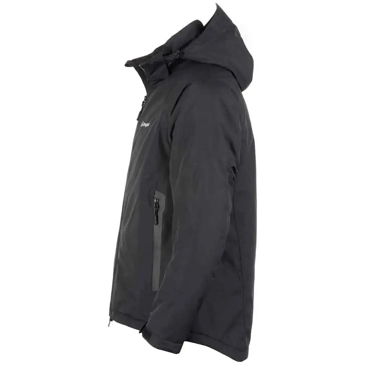 Side profile of Snugpak Torrent Waterproof Black Jacket showing adjustable hood and sleek, insulated design for cold climates.  from  John Bull Clothing 