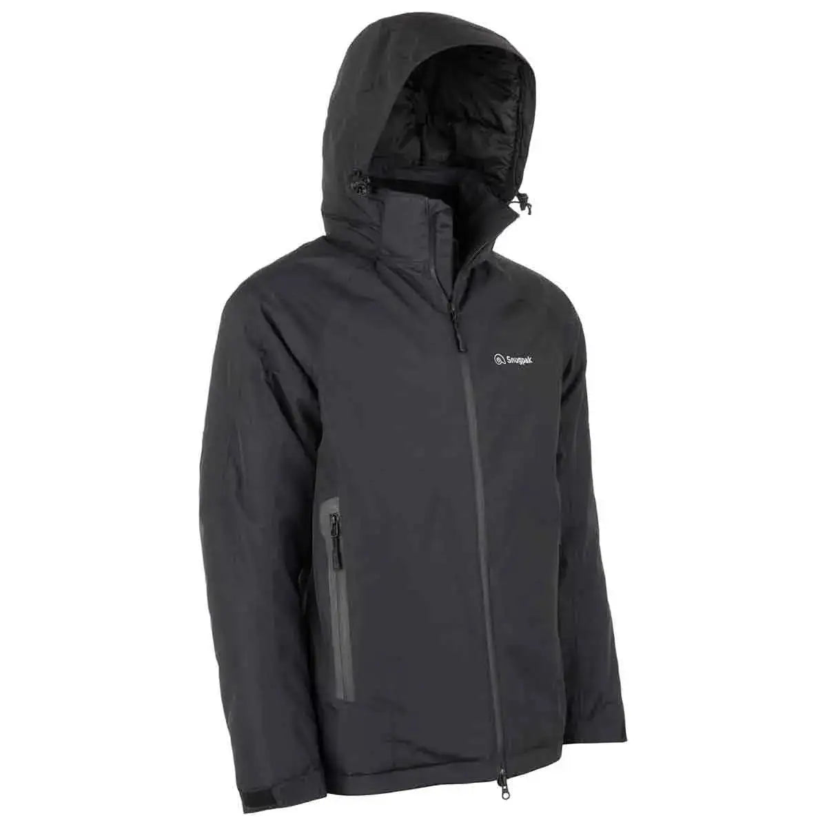 Snugpak Torrent Waterproof Black Jacket with hood, front zip, and chest logo, ideal for outdoor wear in harsh weather conditions.  from  John Bull Clothing 