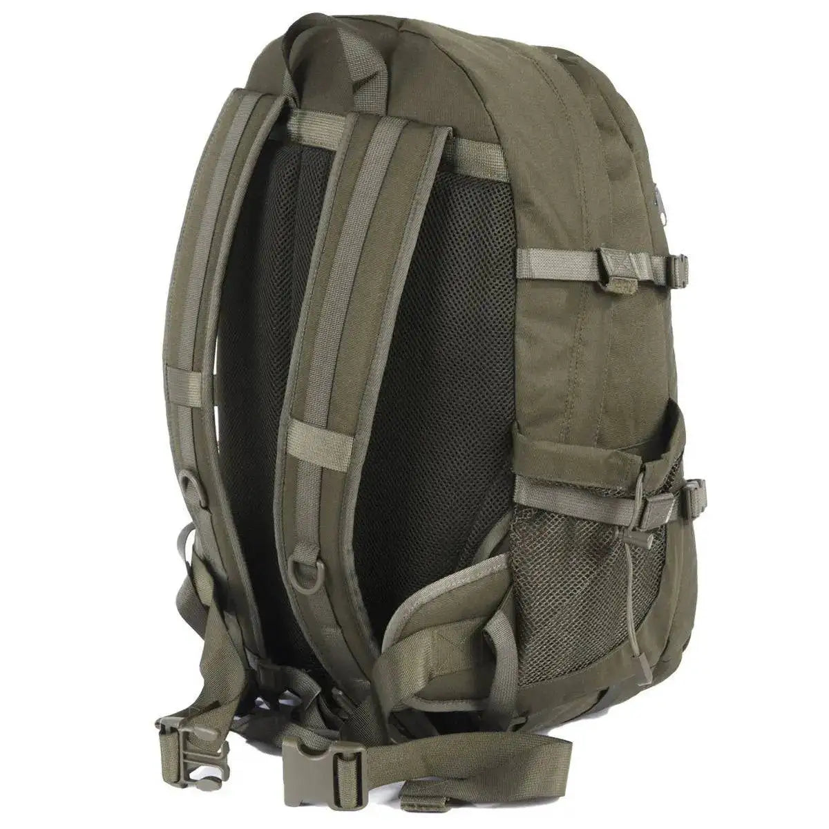 Rear angled view of the Snugpak Xocet 35L Rucksack in green, showing padded shoulder straps, breathable back panel, and durable construction for outdoor adventures.  from  John Bull Clothing 