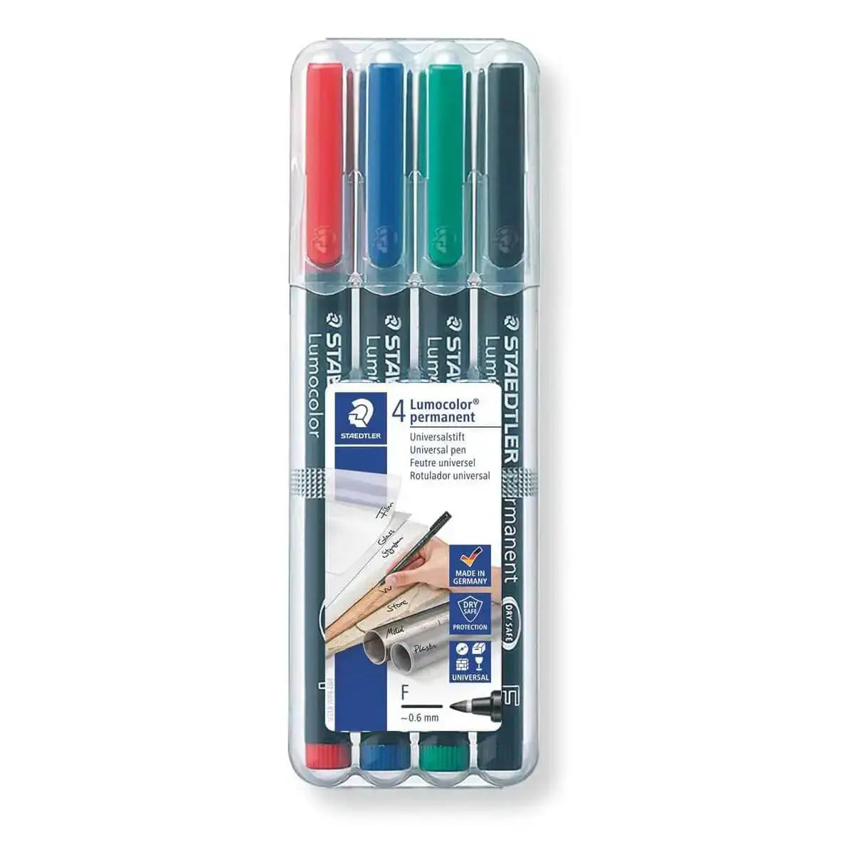Staedtler Lumocolour Fine Permanent Pens pack of 4 with red, blue, green, and black ink in clear plastic case | John Bulls  from  John Bull Clothing 