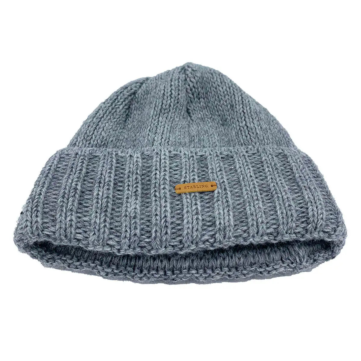 Folded grey Starling Unisex Rollover Beanie Hat 12033 with ribbed knit design and leather logo patch, crafted from premium wool blend. Grey from  John Bull Clothing 