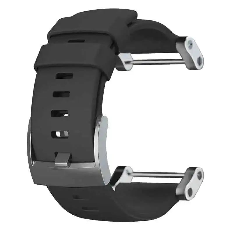 Suunto Core replacement silicone watch strap in black with stainless steel buckle, designed for durability and comfort in outdoor activities. Flat from  John Bull Clothing 