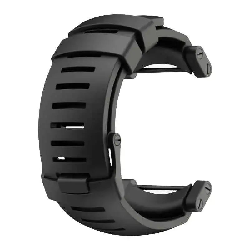 Black silicone Suunto Core watch strap with a rugged design, featuring ventilation slots and secure attachment points for outdoor sports watches. Round from  John Bull Clothing 