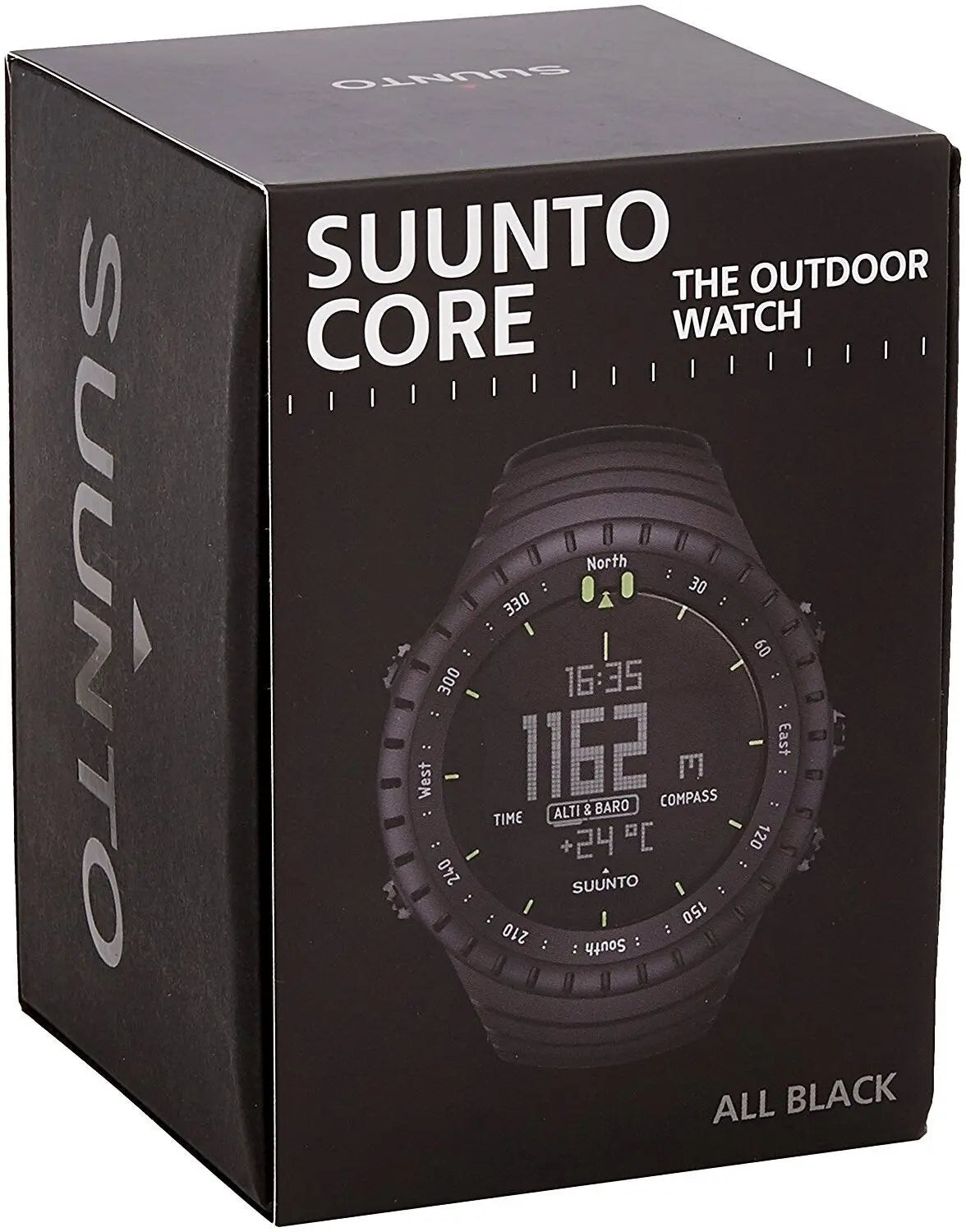Suunto Core outdoor watch packaging in black, showcasing the watch's features including altimeter, barometer, and compass for adventure enthusiasts.