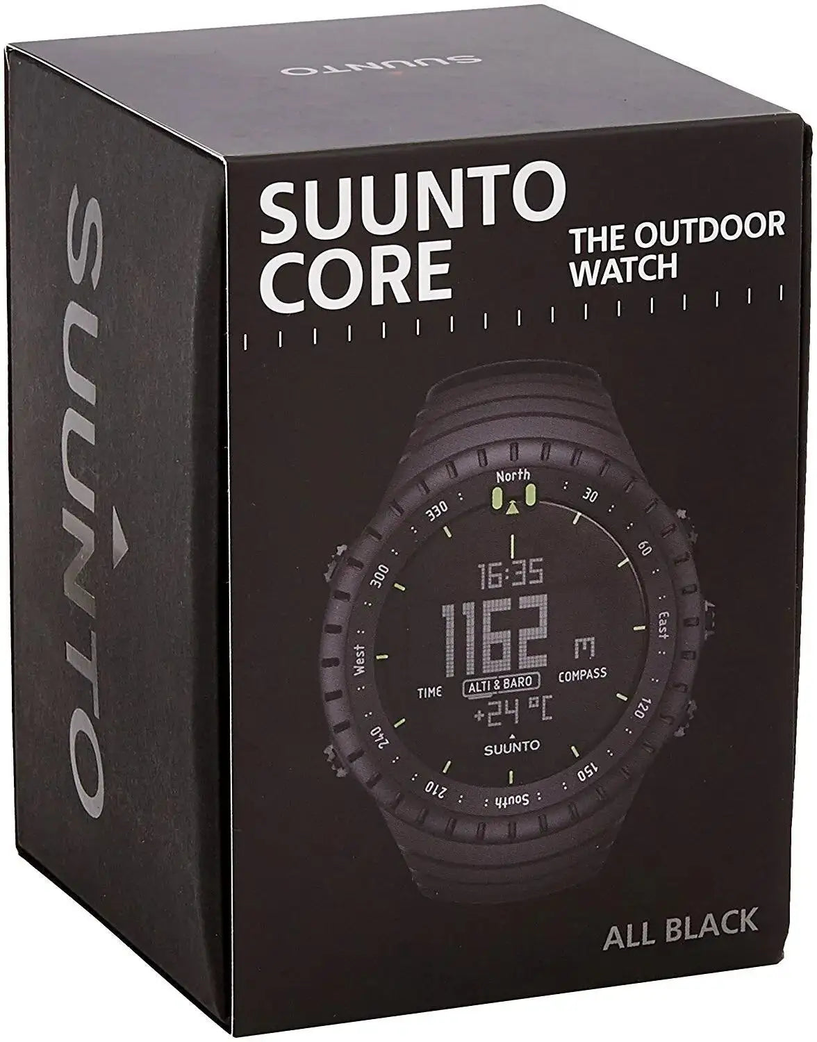 Suunto Core outdoor watch packaging in black, showcasing the watch's features including altimeter, barometer, and compass for adventure enthusiasts.  from  John Bull Clothing 