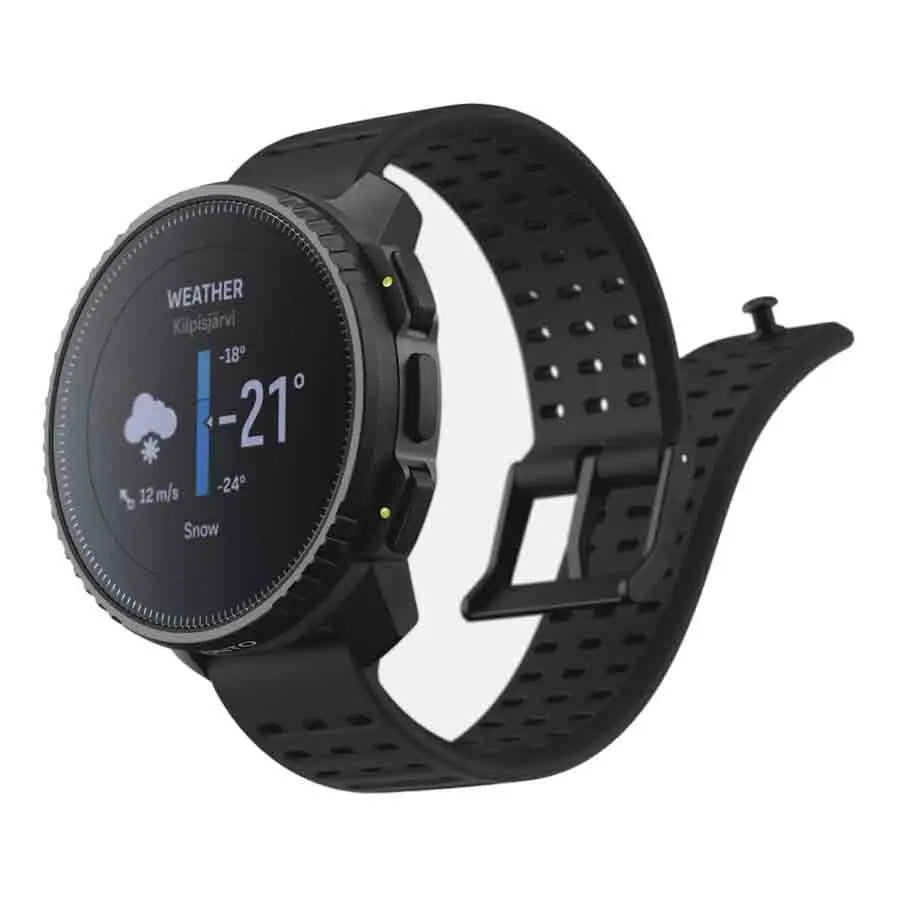 Suunto Vertical Steel All Black Smart Watch displaying weather updates, designed with a durable black perforated strap and robust stainless steel bezel.