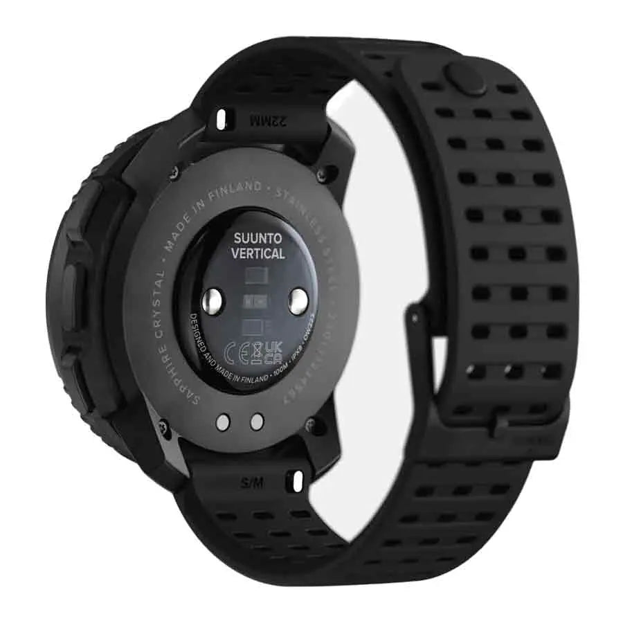 Back view of Suunto Vertical Steel All Black Smart Watch showcasing its durable construction, heart rate sensor, and Made in Finland engraving.