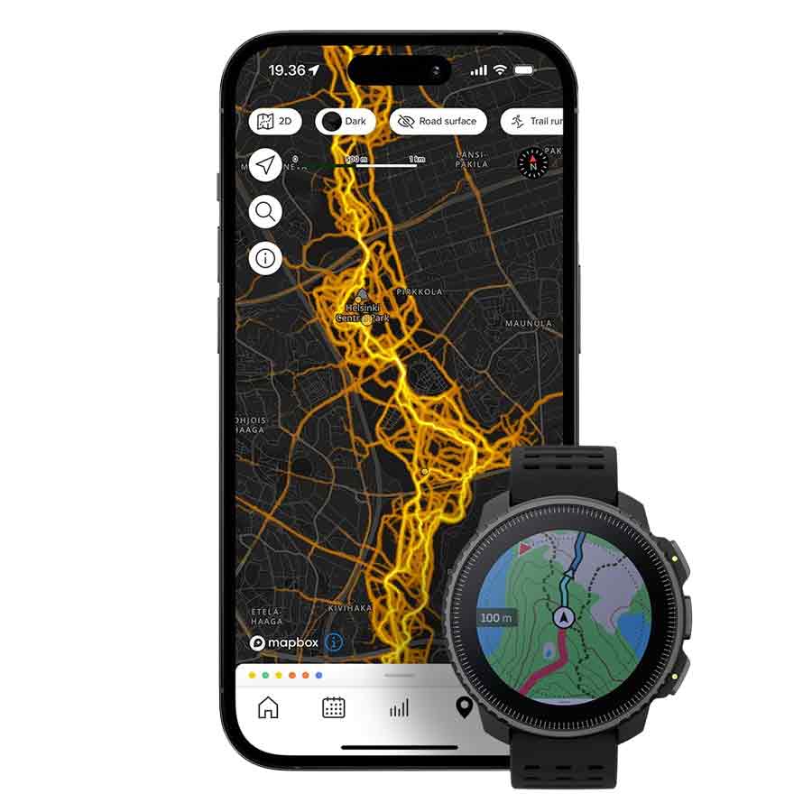 Suunto Vertical Steel All Black Smart Watch paired with a smartphone, displaying GPS navigation and route tracking for outdoor and fitness enthusiasts.