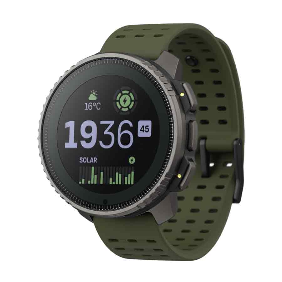 Suunto Vertical Titanium Solar Forest Smart Watch with a rugged green silicone strap and titanium bezel, featuring a solar-powered GPS display.