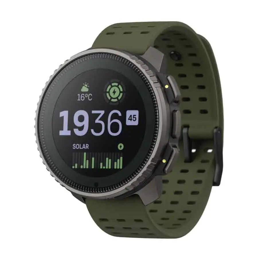 Suunto Vertical Titanium Solar Forest Smart Watch with a rugged green silicone strap and titanium bezel, featuring a solar-powered GPS display.  from  John Bull Clothing 