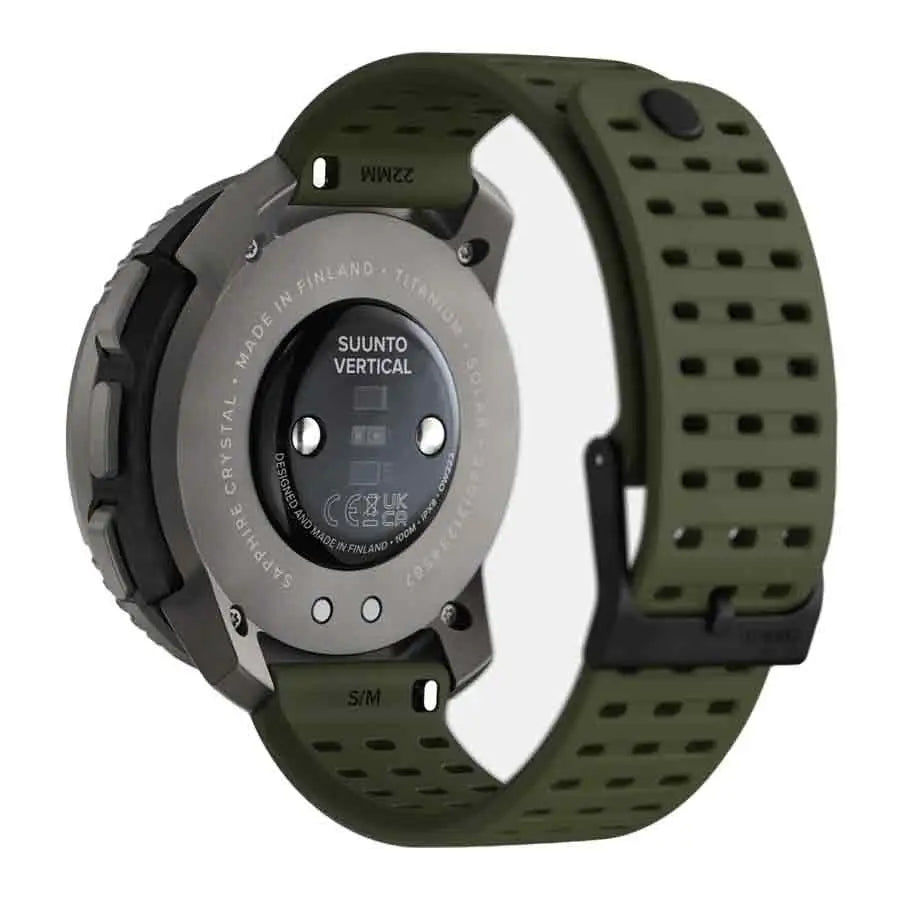 Back view of Suunto Vertical Titanium Solar Forest Smart Watch highlighting titanium casing, heart rate sensor, and durable green silicone strap.  from  John Bull Clothing 