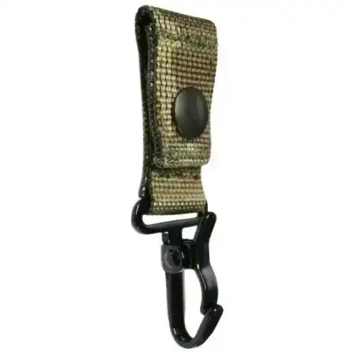 Tactical Molle Helmet Clip - Dog Clip with multicam Cordura strap and black metal snap hook for camping and hiking gear attachment.  from  John Bull Clothing 