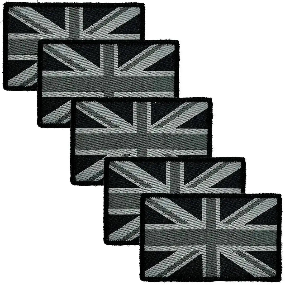 Five black Union Jack patches featuring hook and loop backing, designed for easy attachment to military uniforms and gear. Mono Black from  John Bull Clothing 