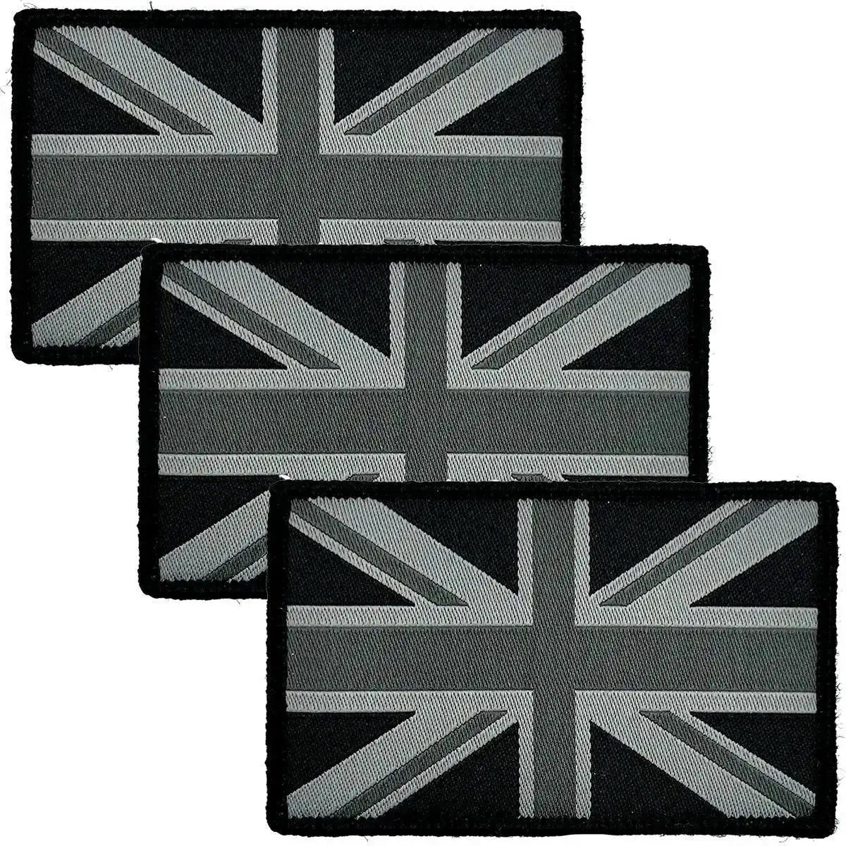 Three black Union Jack patches with hook and loop backing, perfect for jackets, hats, and tactical equipment from John Bulls. Mono Black from  John Bull Clothing 