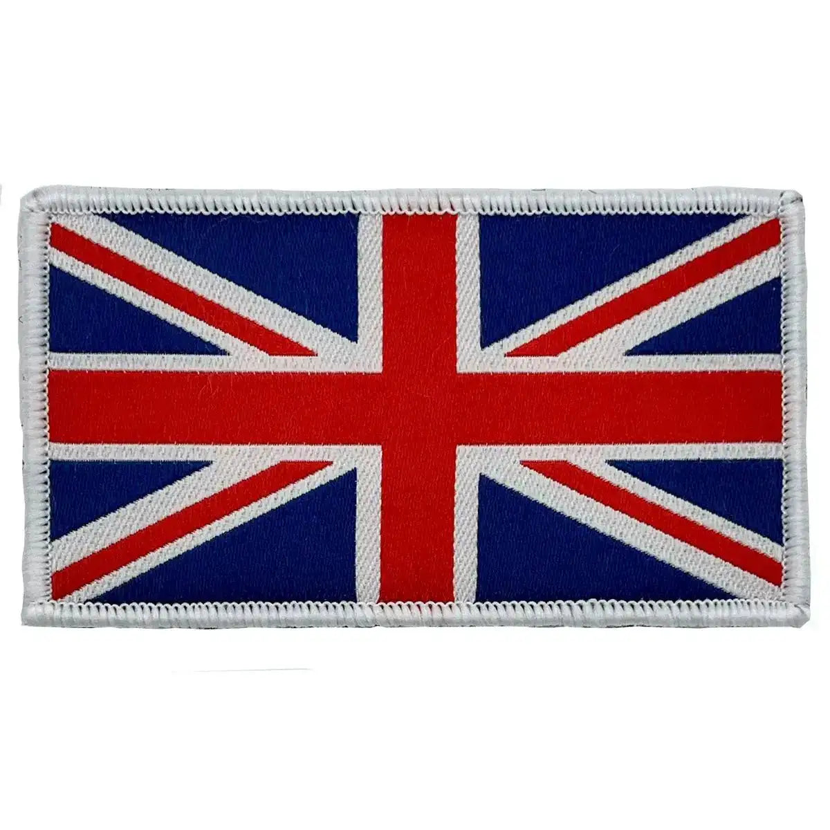 Classic red, white, and blue Union Jack patch with white border and hook and loop backing, suitable for uniforms and outdoor gear. Red White Blue from  John Bull Clothing 