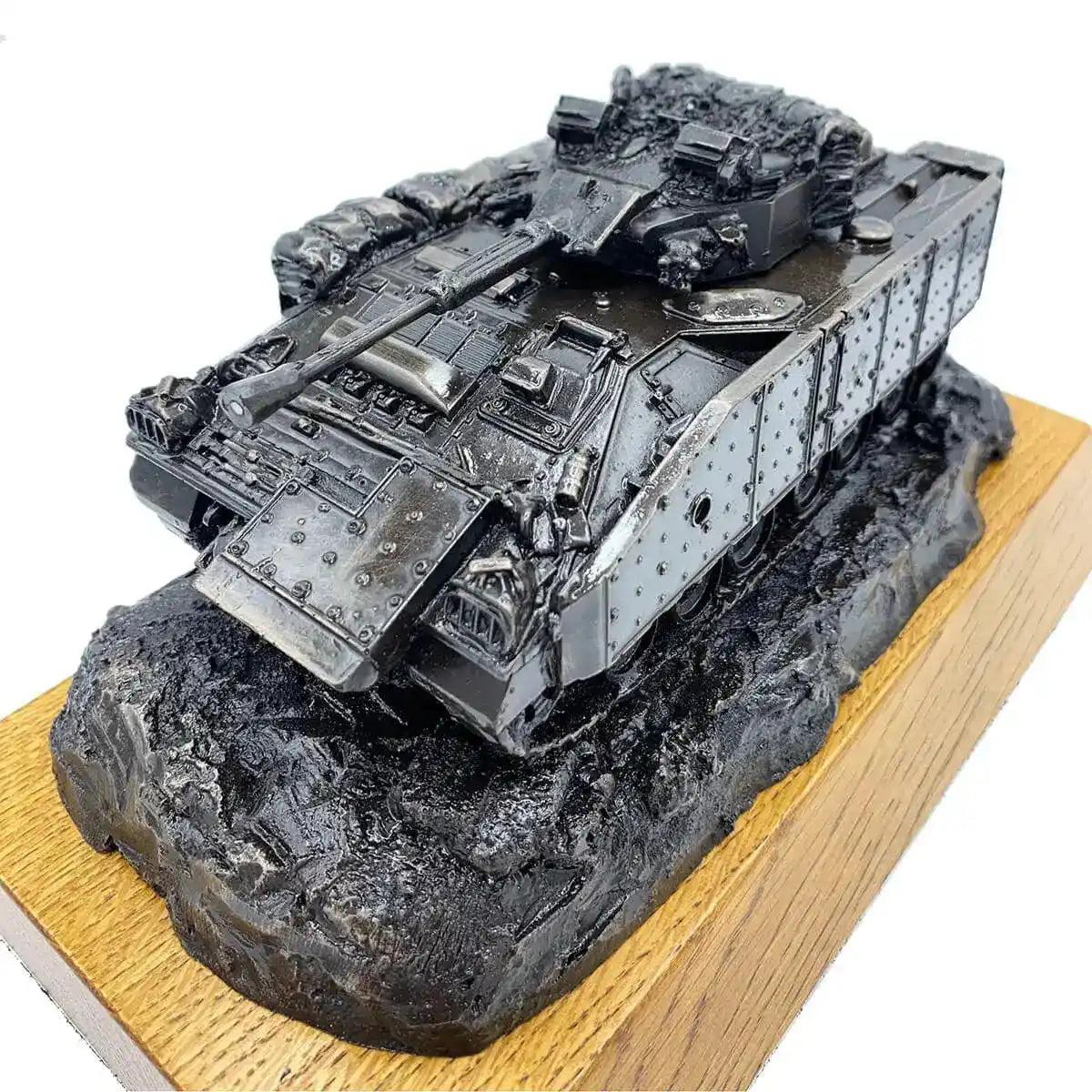 Angled top view of Warrior Armoured Fighting Vehicle Bronze Statue with turret and armor details, mounted on oak base for home and garden decor.  from  John Bull Clothing 