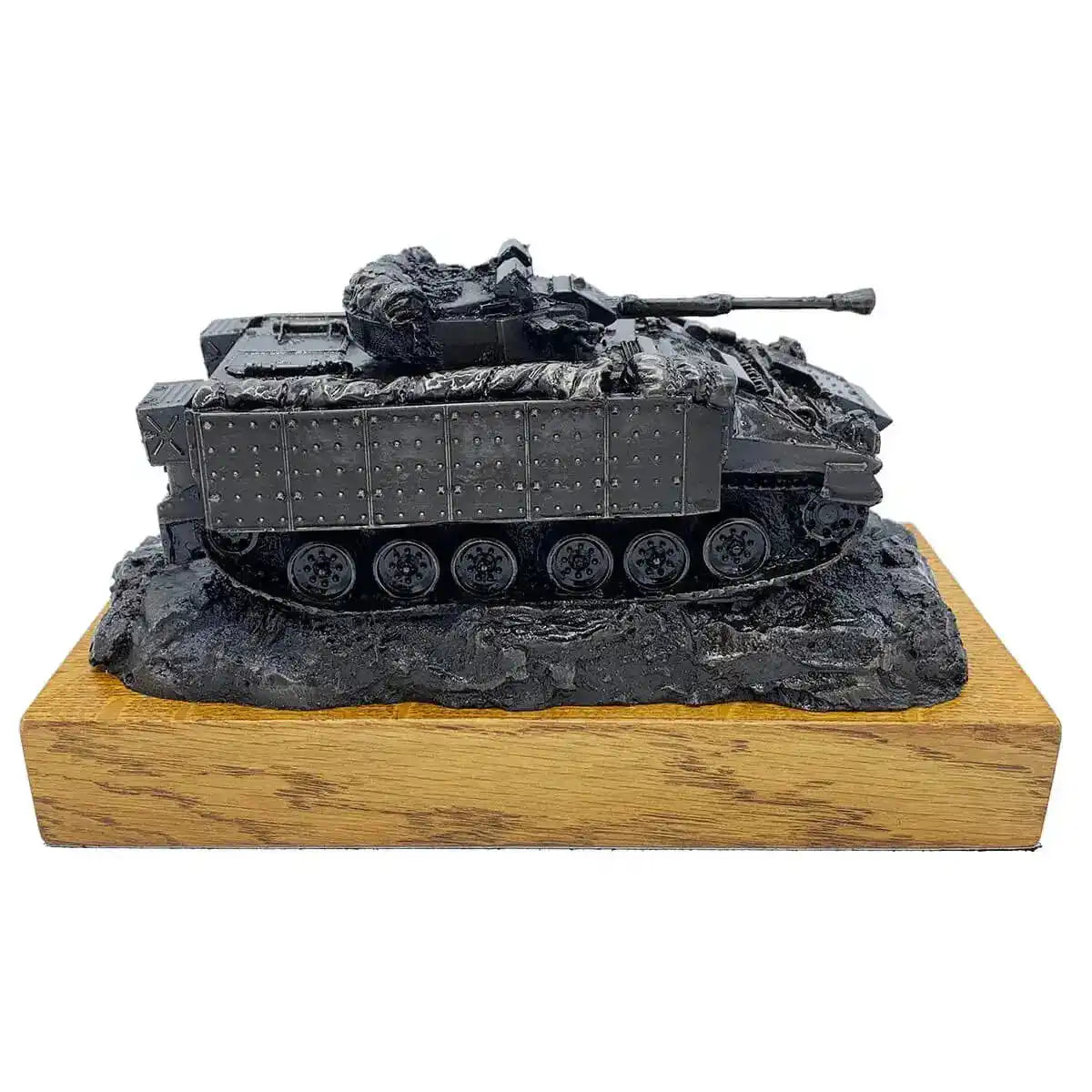 Left side profile of Warrior Armoured Fighting Vehicle Bronze Statue with intricate bronze resin detailing, perfect for military sculpture enthusiasts.  from  John Bull Clothing 