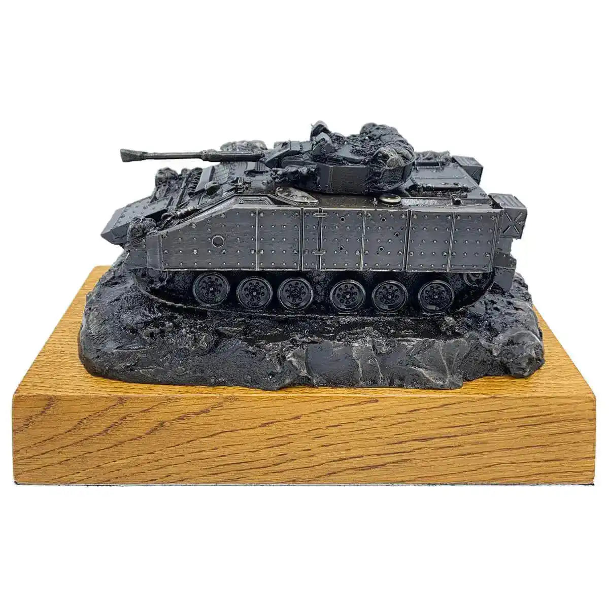 Warrior Armoured Fighting Vehicle Bronze Statue on oak base, detailed side view showing turret and track design for military decor collectors.  from  John Bull Clothing 