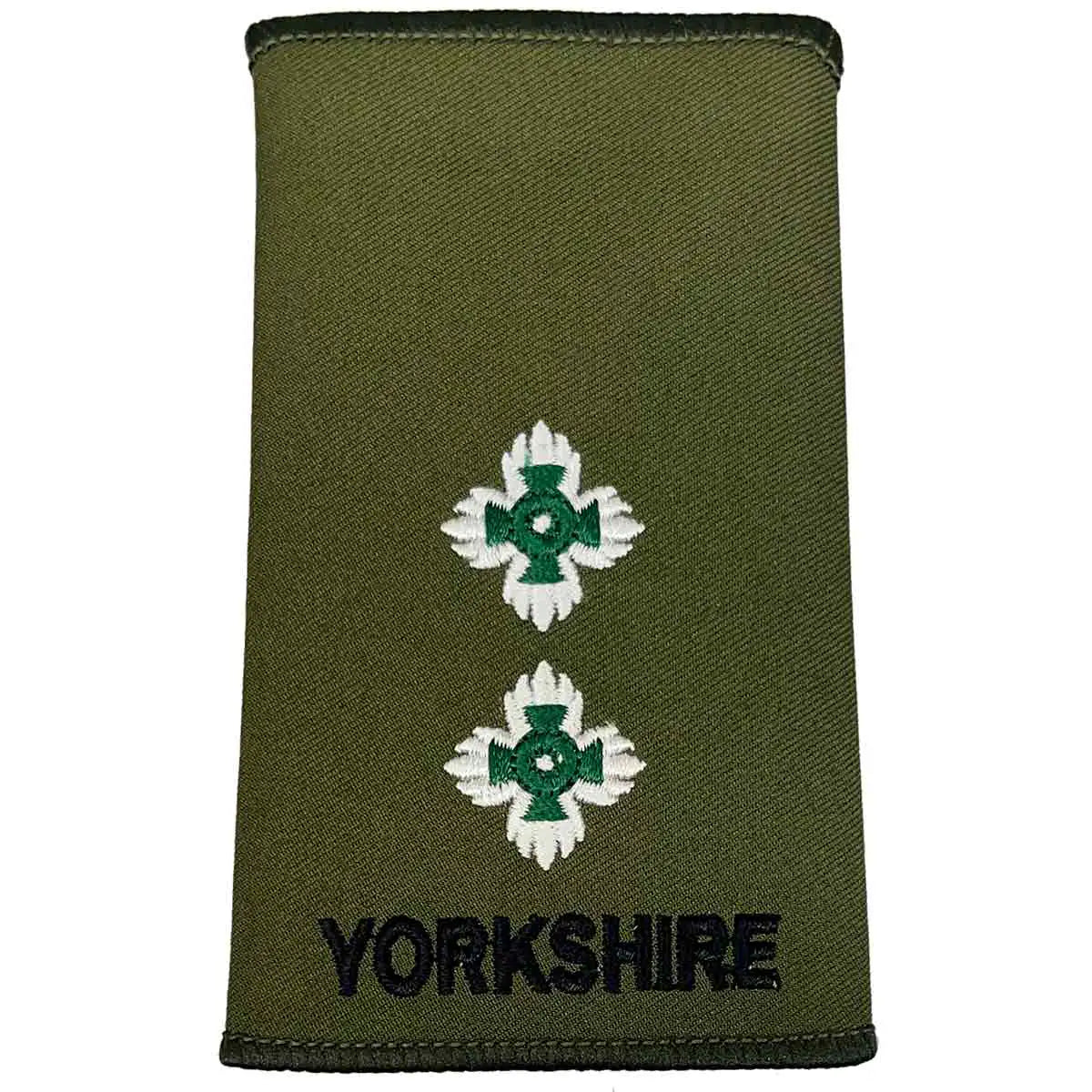 Yorkshire Regiment Rank Slide Olive Green with two white and green pips and 'YORKSHIRE' text, denoting a lieutenant rank. LT from  John Bull Clothing 