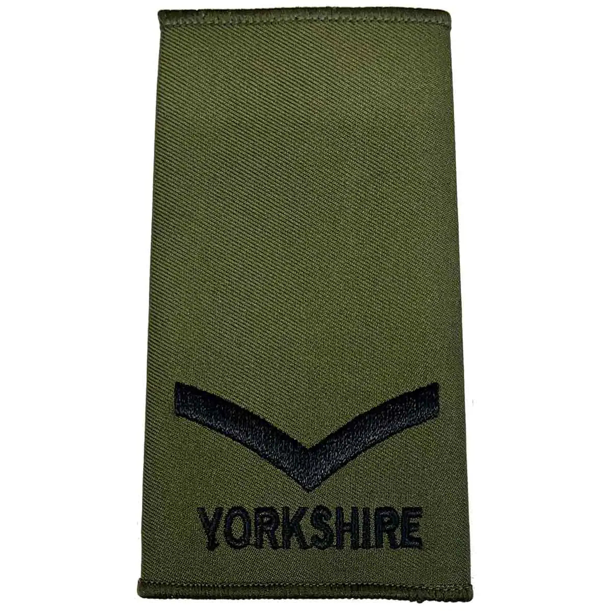 Yorkshire Regiment Olive Green Rank Slide featuring a single black chevron above 'YORKSHIRE' text, suitable for junior enlisted ranks. Lance Corporal from  John Bull Clothing 