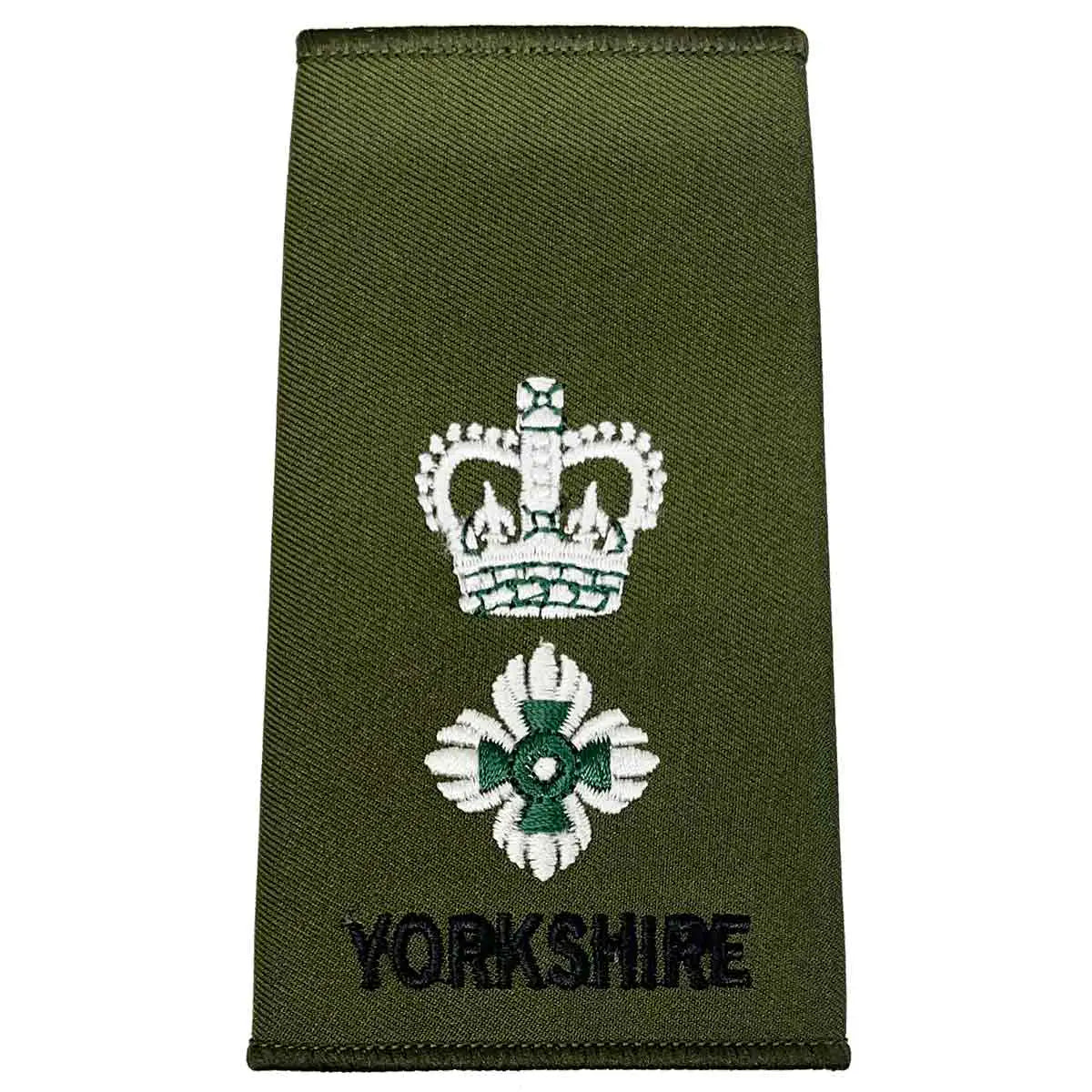 Yorkshire Regiment Rank Slide Olive Green with crown and pip embroidery in white and green above 'YORKSHIRE', for major rank. LT Colonel from  John Bull Clothing 
