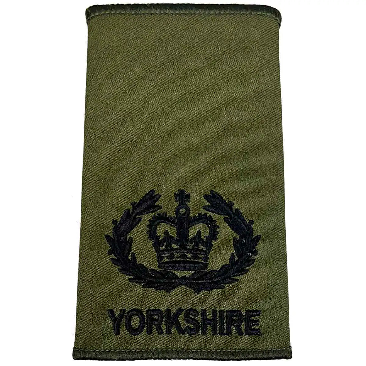 Yorkshire Regiment Rank Slide Olive Green with black crown and laurel embroidery above 'YORKSHIRE', signifying a senior officer rank. WO2 RQMS - Crown & Laurel Wreath from  John Bull Clothing 