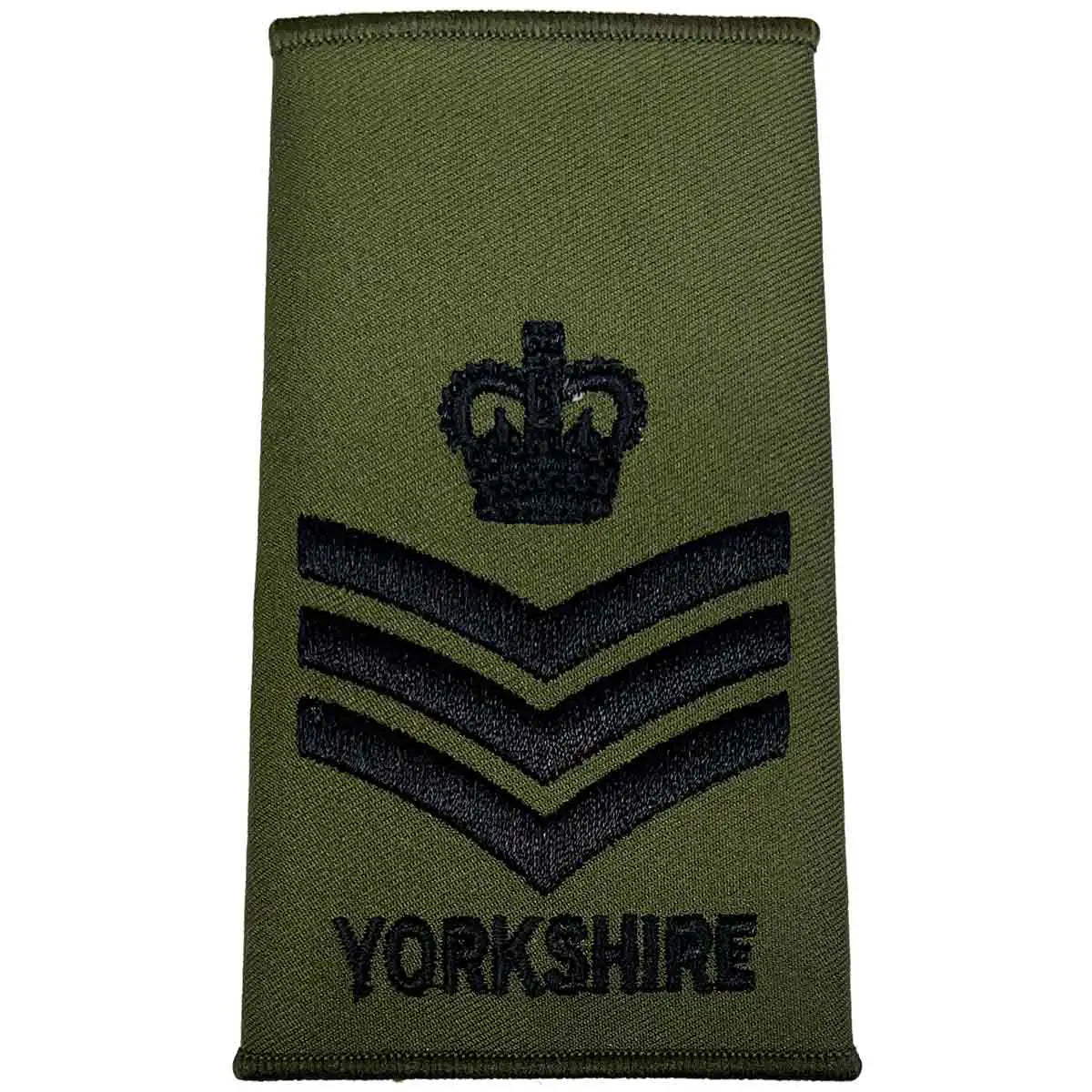 Yorkshire Regiment Rank Slide Olive Green with three chevrons and a crown above 'YORKSHIRE', denoting a staff sergeant rank. Staff Sergeant from  John Bull Clothing 