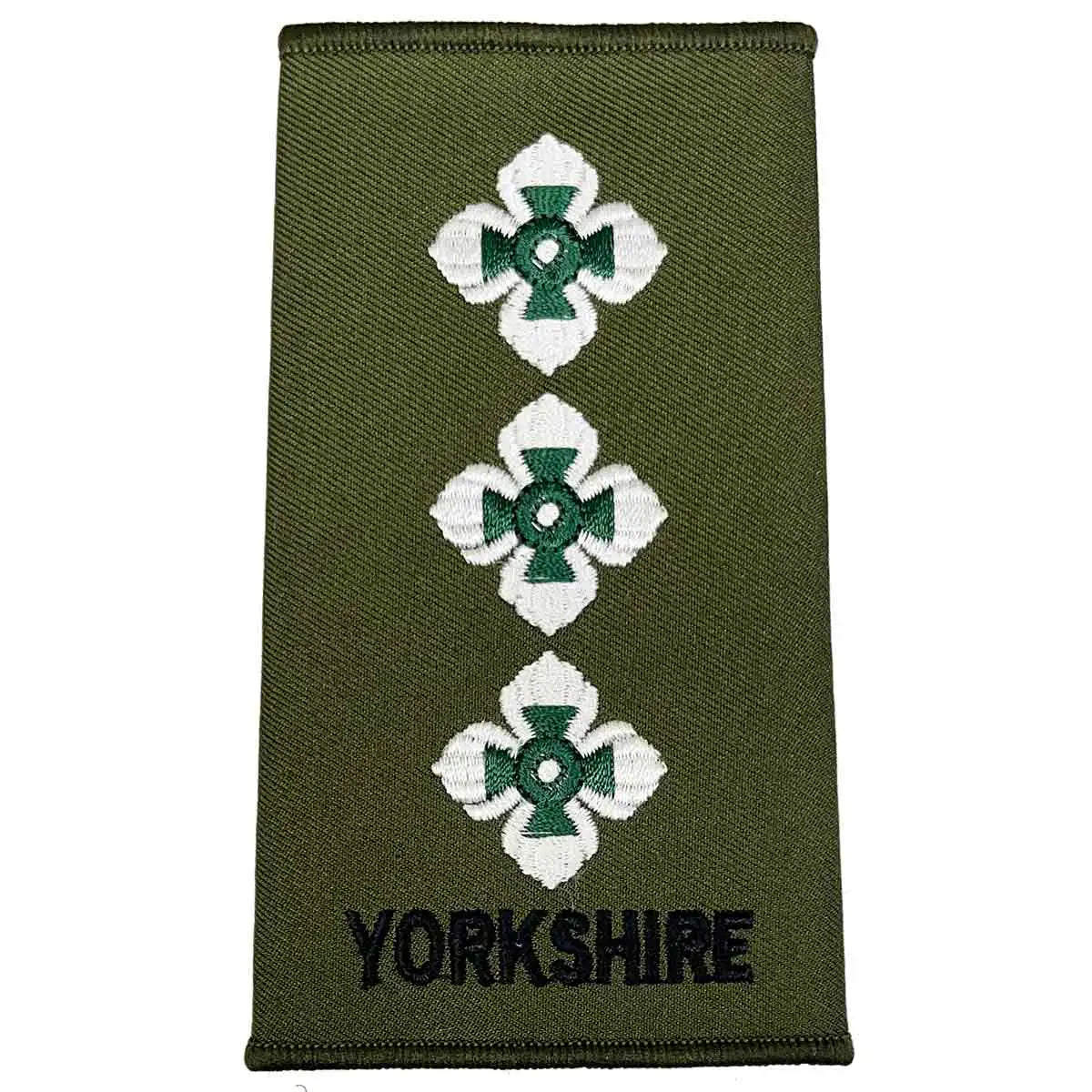 Yorkshire Regiment Olive Green Rank Slide with three white and green pips above 'YORKSHIRE', representing a captain rank. Captain from  John Bull Clothing 