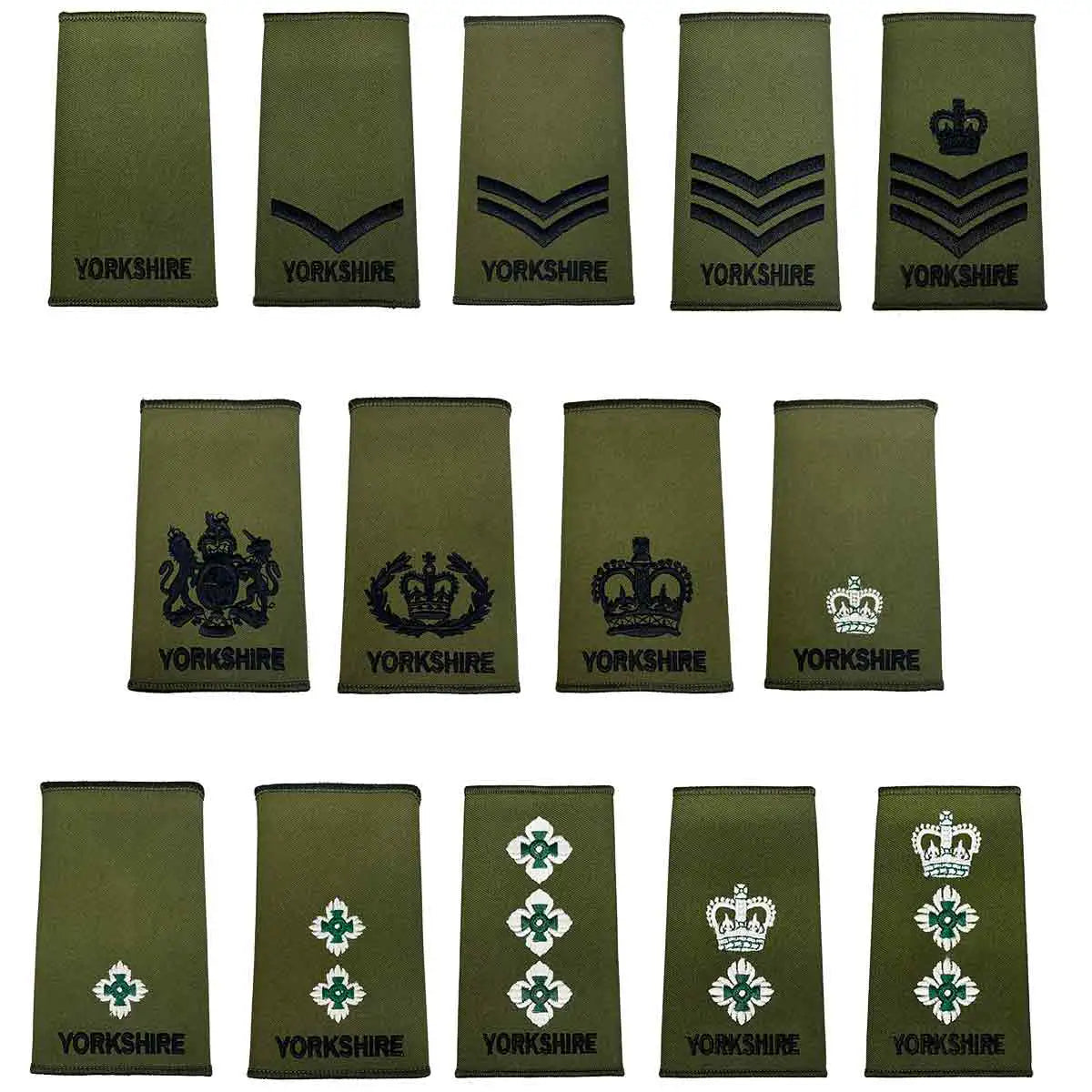 Full set of Yorkshire Regiment Rank Slides Olive Green with various embroidered insignia in dark green and white, ideal for military uniforms.  from  John Bull Clothing 