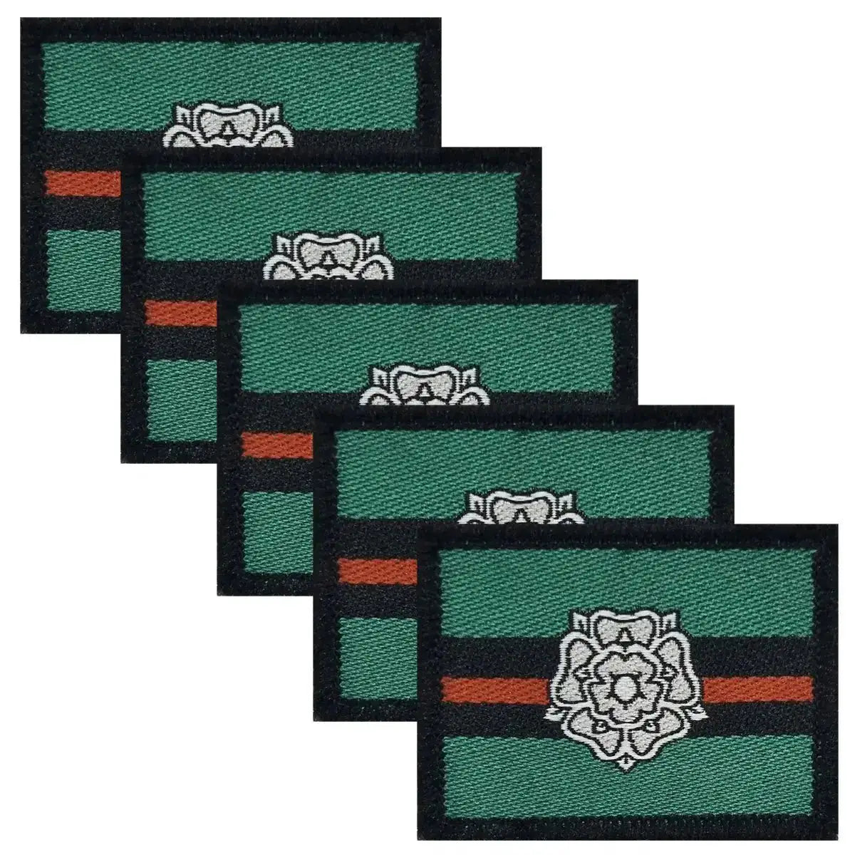 Pack of five Yorkshire Regiment TRF hook & loop patches, ideal for military uniforms, with green base and white Yorkshire Rose detail. 5 Pack from  John Bull Clothing 