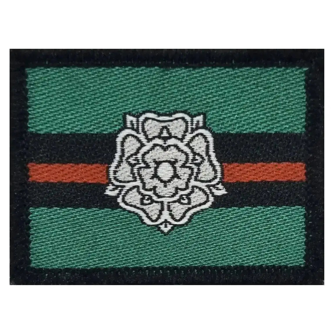Single Yorkshire Regiment TRF patch with regulation design, showing green background, black and red stripes, and white Yorkshire Rose badge. 1 Flash from  John Bull Clothing 