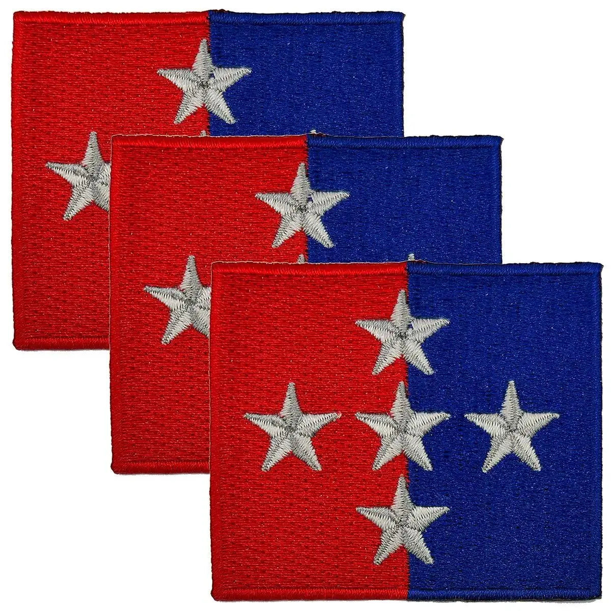 Set of four 1 Royal Military Police Brigade TRF patches with red and blue background and silver stars, iron or sew on, from John Bull Clothing.