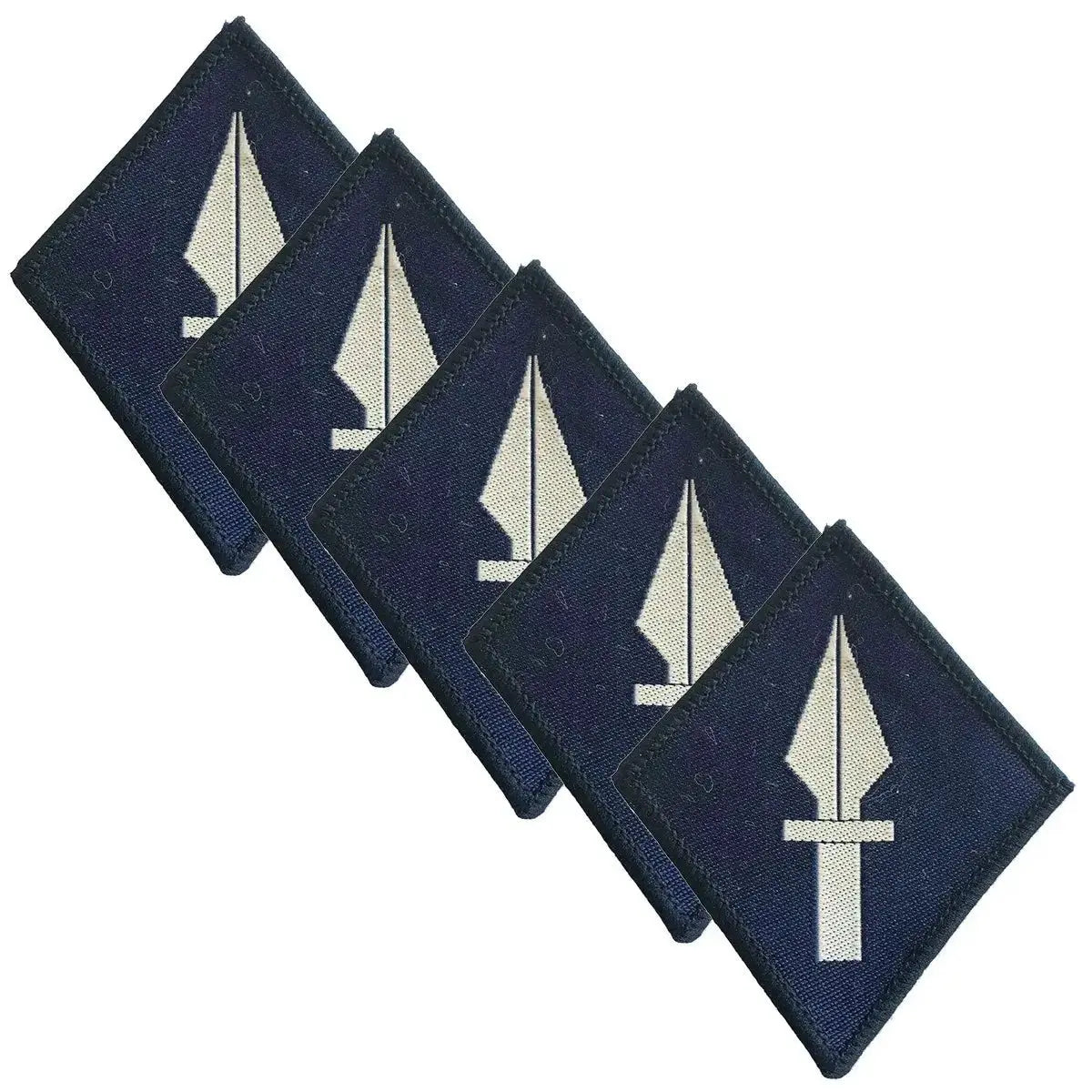 Pack of five 1 UK Signal Brigade TRF iron on patches with regulation white spearhead insignia on blue fabric, suitable for military apparel.