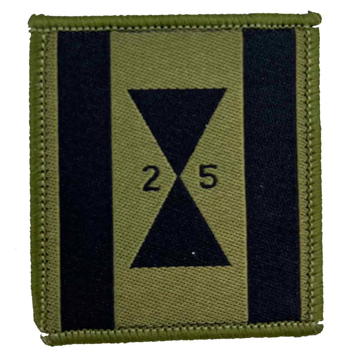Single 25 Close Support Engineer Group TRF patch with black hourglass design on green background, iron-on or sew-on for military apparel.