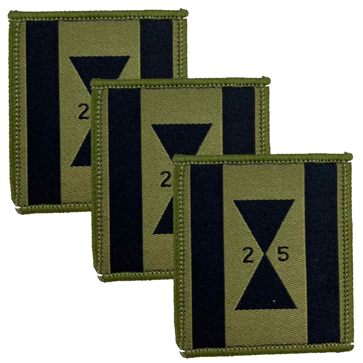 Set of three 25 Close Support Engineer Group TRF iron-on patches in green and black cotton, ideal for military uniforms from John Bulls.