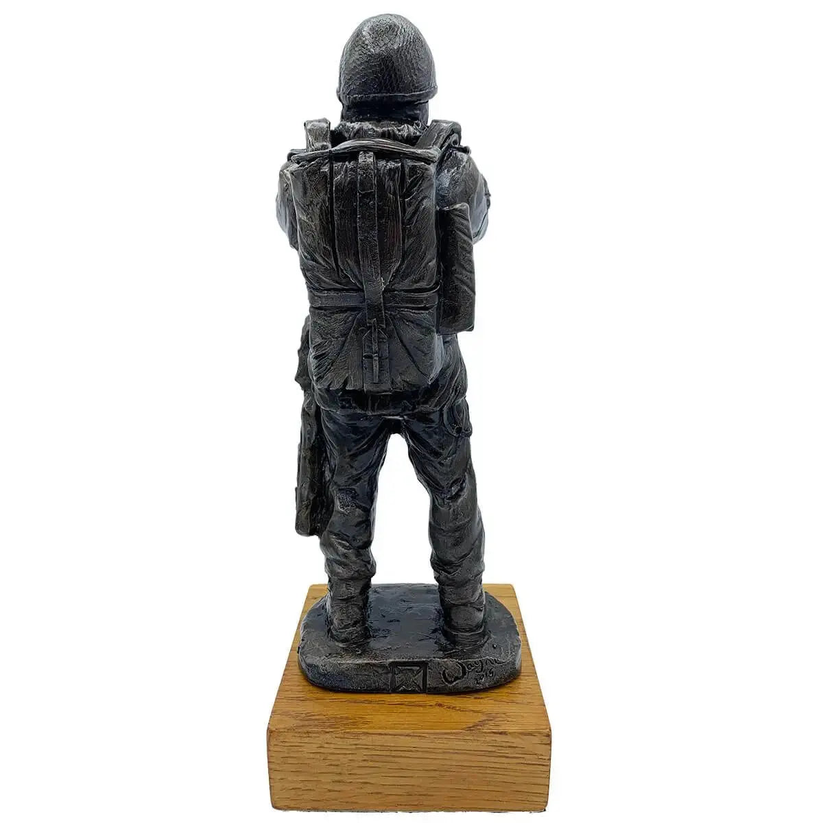 Rear view of Bronze Resin Airborne Drop Order Statue highlighting backpack and uniform details, mounted on a solid oak wooden base.