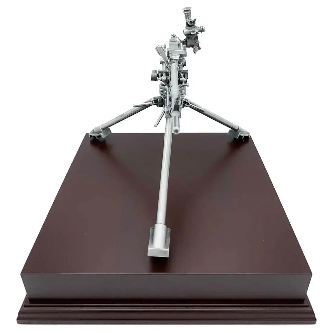 Rear view of GPMG Sustained Fire Pewter Statue on rosewood base, highlighting craftsmanship in military sculpture artwork.