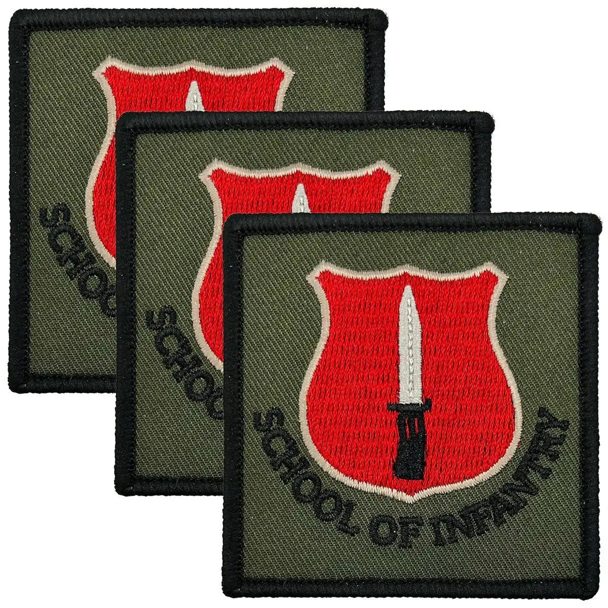 Set of three ITC School of Infantry TRF hook & loop patches featuring a red shield with a white dagger on an olive green background. Durable military badge.