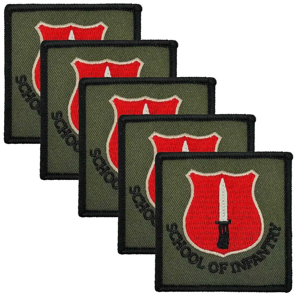 Set of five ITC School of Infantry TRF hook & loop patches with a red shield and white dagger emblem on an olive green background. Tactical recognition badge.