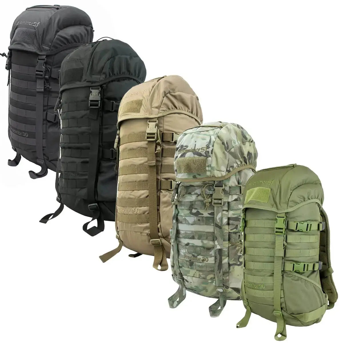 Karrimor Predator 30 Litre Daysack in multiple colors including black, coyote, green, and camouflage, designed for hiking and tactical use.