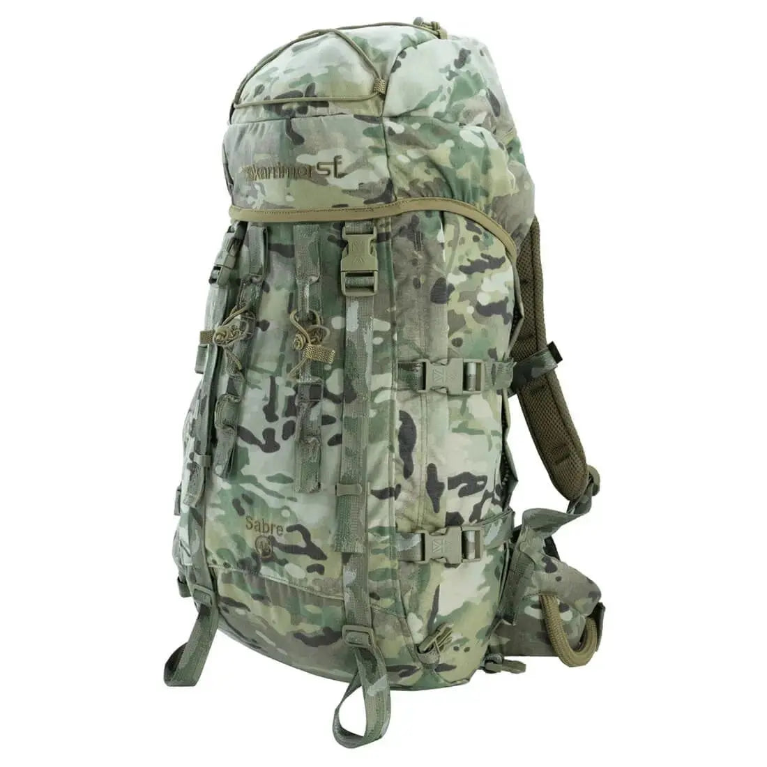Karrimor SF Sabre 45 PLCE Rucksack in camouflage pattern, built with 1000 denier nylon for rugged outdoor and military applications.