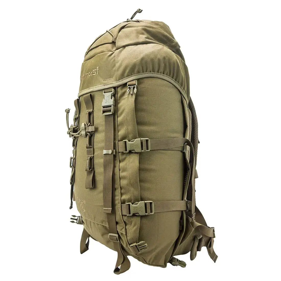 Karrimor SF Sabre 45 PLCE Rucksack in coyote brown with 45 litre capacity, featuring compression straps and MOLLE webbing for tactical use.