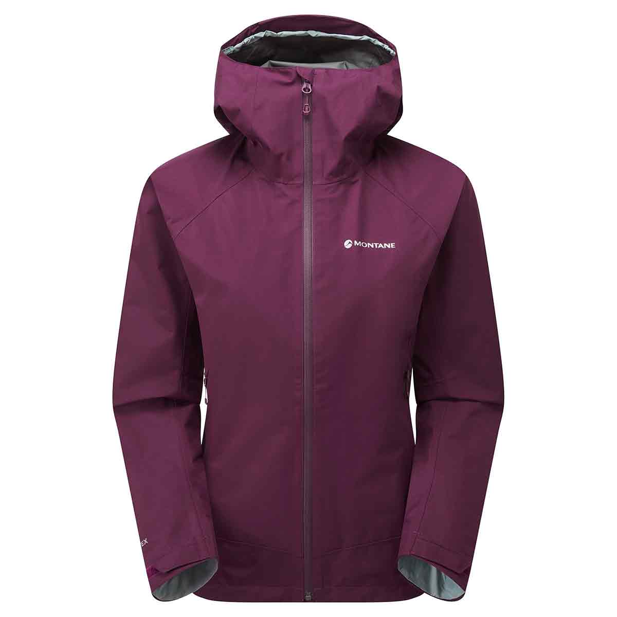 Montane Womens Spirit Waterproof Jacket in deep purple. A lightweight, waterproof raincoat designed for outdoor weather protection.